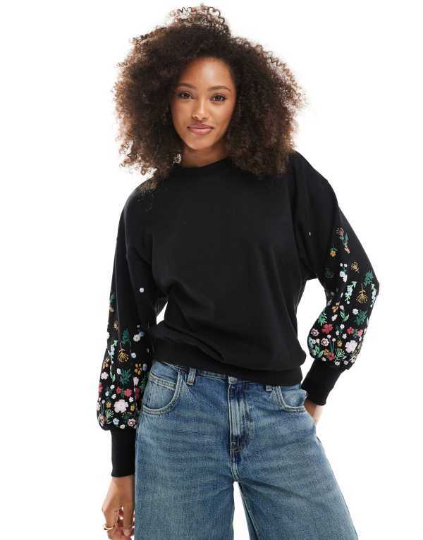 オンリー レディース アウター ニット・セーター クルーネック フラワー柄 セーター フラワー ONLY crew neck sweater with floral sleeve detail Black ブラック
