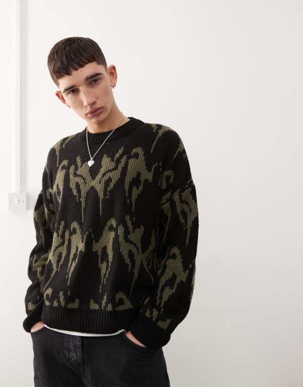 【送料無料】 コルージョン レディース ニット・セーター アウター COLLUSION oversized jacquard knitted sweater in khaki Khaki