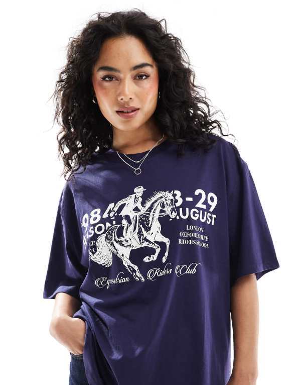 エイソス レディース トップス Tシャツ グラフィック ASOS DESIGN oversized t-shirt with horse graphic NAVY ネイビー