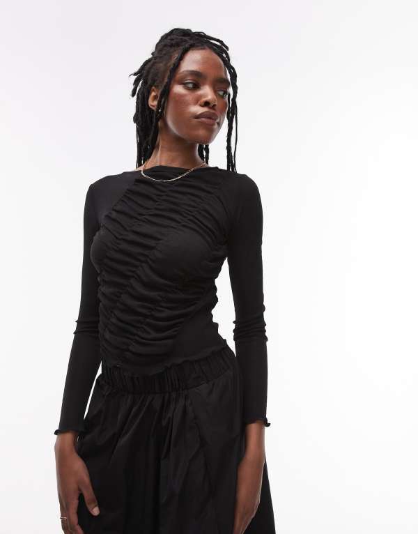トップショップ レディース トップス Tシャツ Topshop long sleeve shirred top Black ブラック