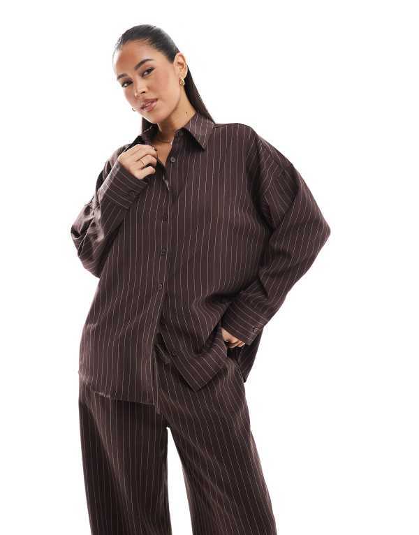 エイソス レディース トップス シャツ ASOS DESIGN tailored oversized shirt in chocolate pinstripe - part of a set CHOCOLATE PINSTRIPE チョコレート