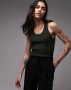【送料無料】 マンゴ レディース ベスト トップス Mango tipped racer neck tank top in dark green DARK GR...