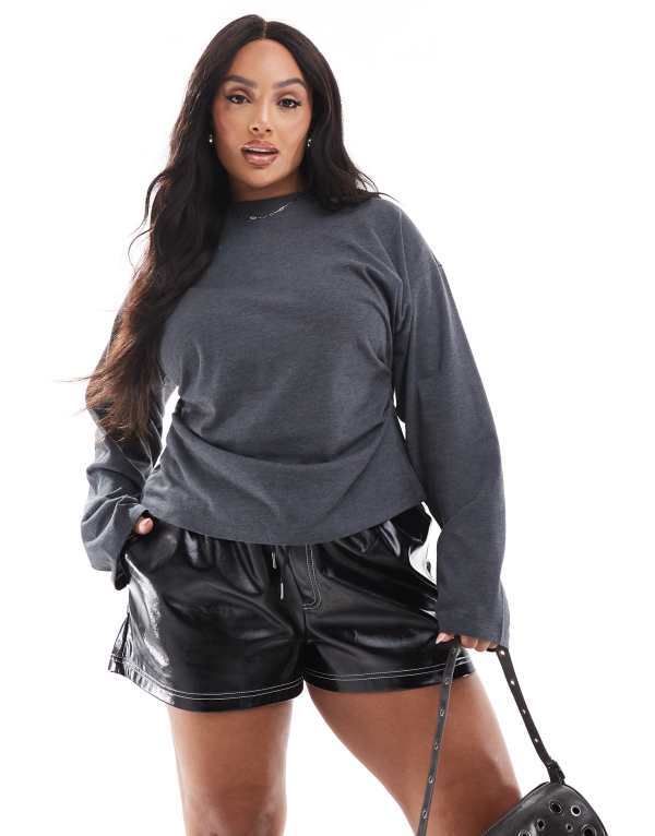 エイソス レディース トップス Tシャツ ASOS Curve ASOS DESIGN Curve corset waist long sleeve tee in charcoal Charcoal チャコール