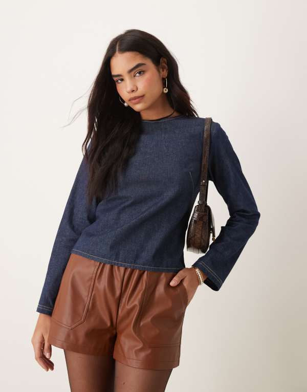 【送料無料】 エイソス レディース シャツ トップス ASOS DESIGN tailored denim long sleeve blouse in indigo Blue