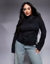 【送料無料】 エイソス レディース Tシャツ トップス ASOS DESIGN Curve plisse long sleeve top with grown on neck in black Black(4)