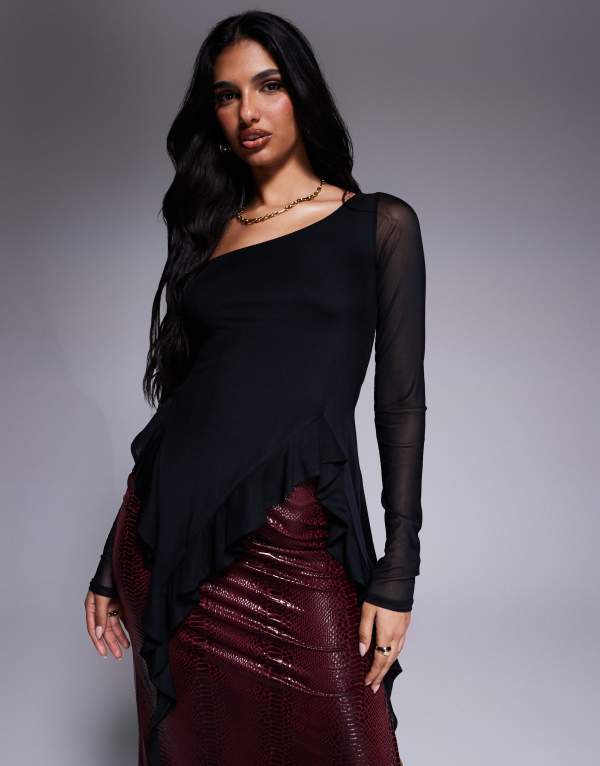 【送料無料】 エーエフアールエム レディース シャツ トップス AFRM doris mesh asymmetrical longsleeve top in black Noir
