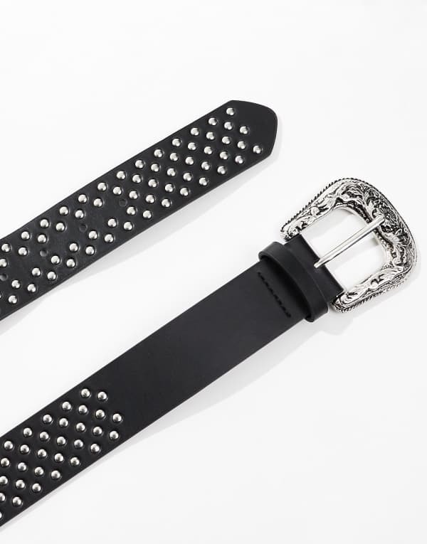 【送料無料】 エイソス メンズ ベルト アクセサリー ASOS DESIGN faux leather belt with western buckle and studs in black Black