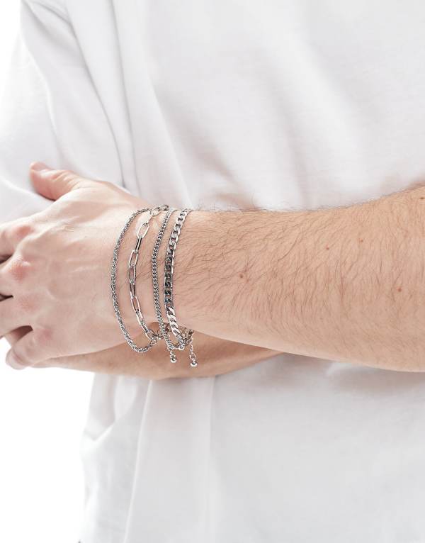 【送料無料】 エイソス メンズ ブレスレット・バングル・アンクレット アクセサリー ASOS DESIGN 4 pack chain bracelets in silver tone SILVER