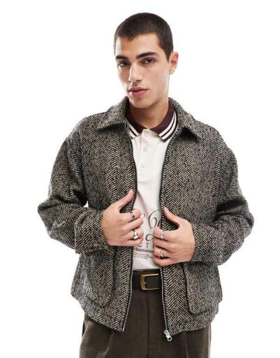 【送料無料】 エイソス メンズ ジャケット・ブルゾン アウター ASOS DESIGN wool blend oversized harrington jacket in brown salt and pepper BROWN 【送料無料】 エイソス メンズ ジャケット・ブルゾン アウター ASOS DESIGN wool blend oversized harrington jacket in brown salt and pepper BROWN