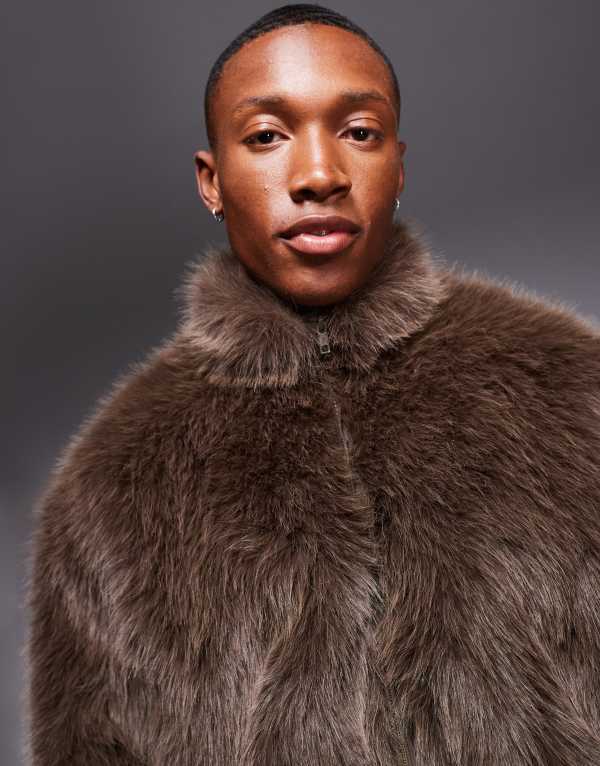 【送料無料】 エイソス メンズ ジャケット・ブルゾン アウター ASOS DESIGN faux fur jacket in brown BROWN
