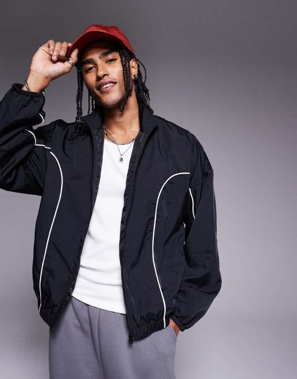 【送料無料】 エイソス メンズ ジャケット・ブルゾン アウター ASOS DESIGN oversized track jacket in black with contrast piping Black