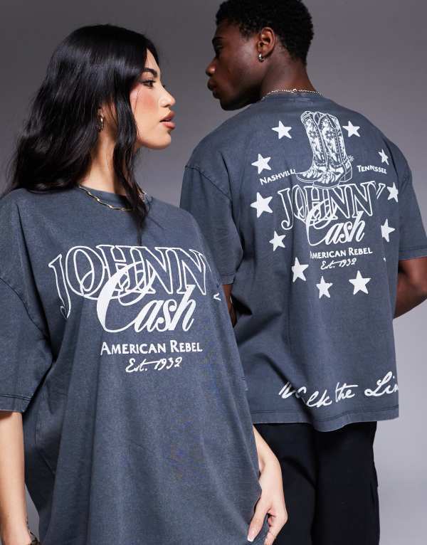 【送料無料】 エイソス レディース Tシャツ トップス ASOS DESIGN unisex oversized T-shirt with Johnny Cash prints in washed black WASHED BLACK