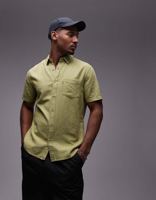 【送料無料】 リーバイス メンズ シャツ トップス Levi's Sunset short sleeve linen cotton mix shirt regular fit in green green