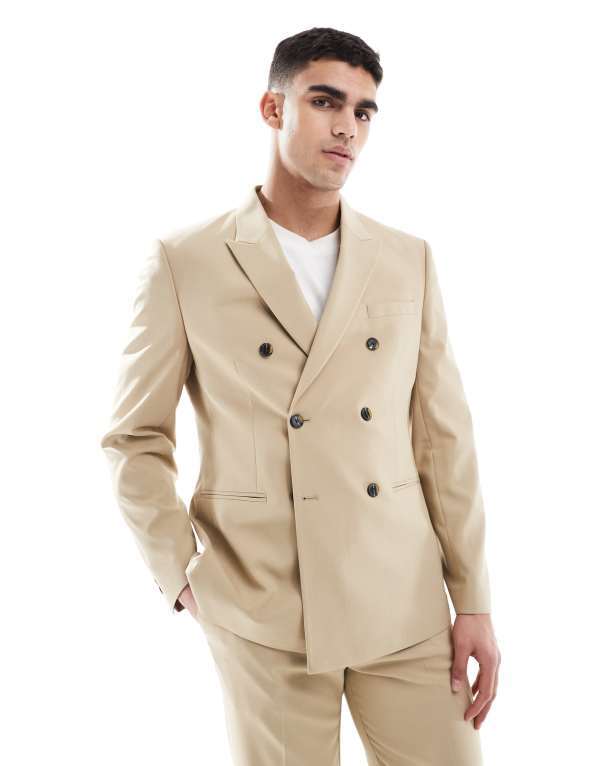 【送料無料】 エイソス メンズ ジャケット・ブルゾン アウター ASOS DESIGN double breasted slim suit jacket in stone STONE