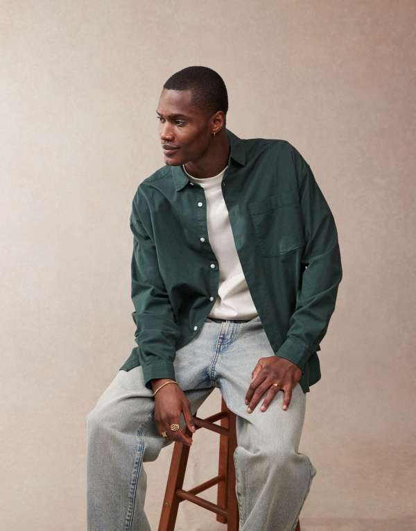 ̵    ȥåץ ASOS DESIGN boxy oversized shirt in bottle gr...