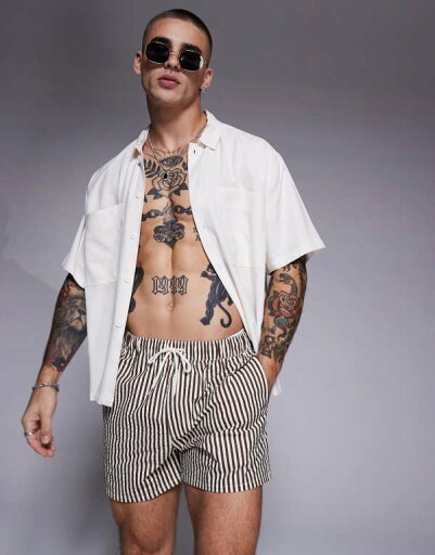 【送料無料】 エイソス メンズ ハーフパンツ・ショーツ 水着 ASOS DESIGN seersucker swim shorts in short length in brown stripe BROWN 【送料無料】 エイソス メンズ ハーフパンツ・ショーツ 水着 ASOS DESIGN seersucker swim shorts in short length in brown stripe BROWN