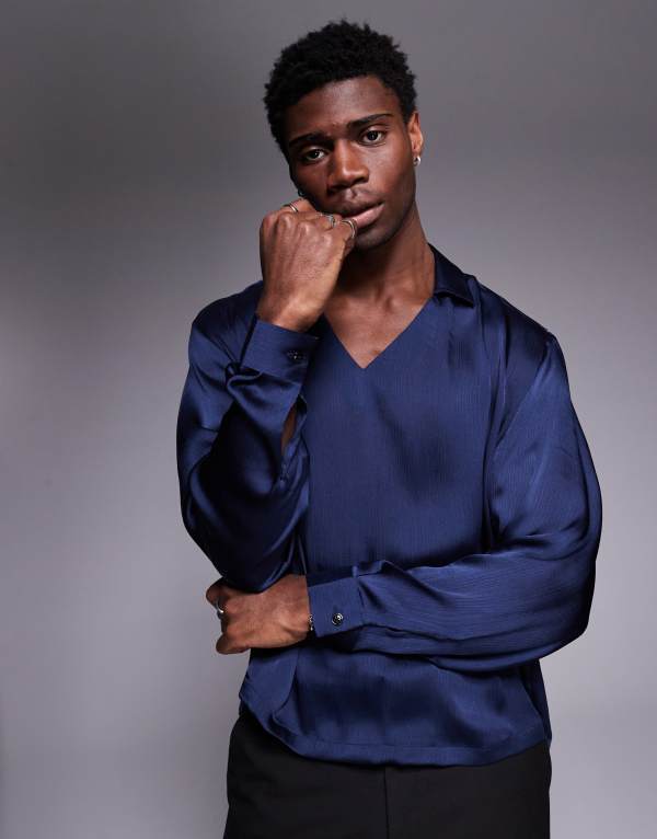 【送料無料】 エイソス メンズ シャツ トップス ASOS DESIGN boxy oversized overhead satin shirt in navy NAVY