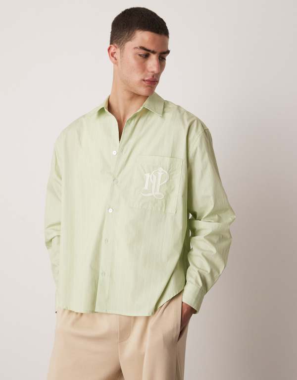 ̵    ȥåץ ASOS DESIGN oversized striped shirt with embr...