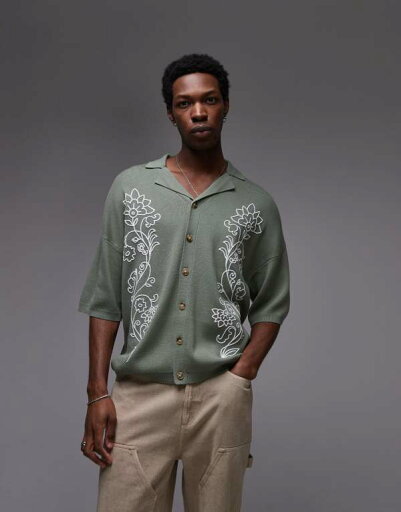【送料無料】 トップマン メンズ ポロシャツ トップス Topman dual floral embroidered revere polo in sage SAGE 【送料無料】 トップマン メンズ ポロシャツ トップス Topman dual floral embroidered revere polo in sage SAGE