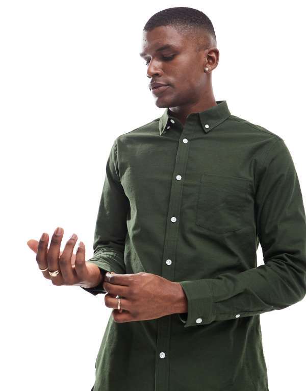 ̵    ȥåץ ASOS DESIGN slim stretch oxford shirt in gree...