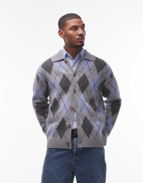 ̵ ȥåץޥ  ǥ  Topman collared cardigan in gray & blue argyle Gray