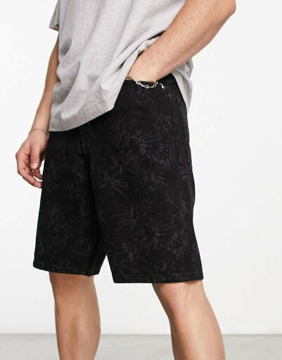 【送料無料】 エイソス メンズ ハーフパンツ・ショーツ ボトムス ASOS DESIGN slim regular length denim shorts with floral print Washed Black 【送料無料】 エイソス メンズ ハーフパンツ・ショーツ ボトムス ASOS DESIGN slim regular length denim shorts with floral print Washed Black