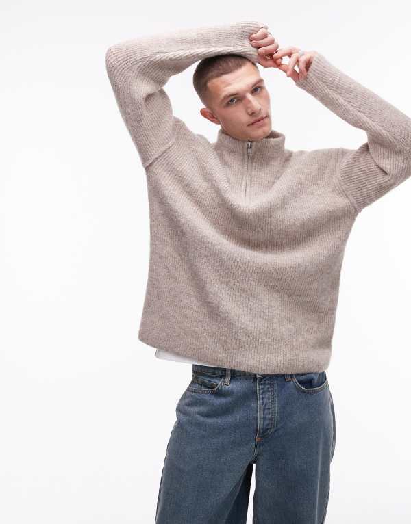 【送料無料】 トップマン メンズ ニット・セーター アウター Topman oversized 1/4 zip sweater in oat Oat
