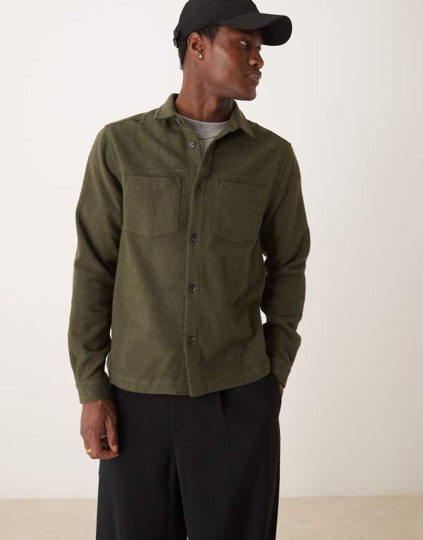 【送料無料】 エイソス メンズ シャツ トップス ASOS DESIGN wool look boxy fit overshirt in khaki Khaki