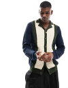 【送料無料】 エイソス メンズ カーディガン アウター ASOS DESIGN knit long sleeve polo in navy and cream with khaki cable knit detail Multi(4)