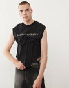 コルージョン メンズ トップス ベスト Black Collusion Corset shrunken black sweat tank with metal branding in black