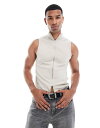 【送料無料】 エイソス メンズ ベスト トップス ASOS DESIGN muscle fit rib tank with double-ended zip in stone Silver Cloud