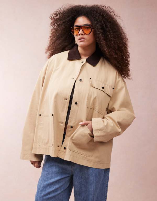 【送料無料】 エイソス レディース ジャケット・ブルゾン アウター ASOS DESIGN Curve clean cord collar barn jacket in stone Stone