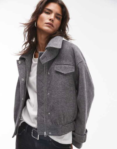 【送料無料】 トップショップ レディース ジャケット・ブルゾン アウター Topshop wool bomber jacket with tab detail in gray gray 【送料無料】 トップショップ レディース ジャケット・ブルゾン アウター Topshop wool bomber jacket with tab detail in gray gray