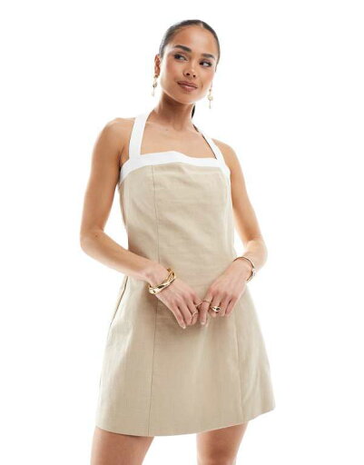 【送料無料】 フォース&レックレス レディース ワンピース トップス 4th & Reckless linen look contrast edge halterneck mini dress in beige Beige 【送料無料】 フォース&レックレス レディース ワンピース トップス 4th & Reckless linen look contrast edge halterneck mini dress in beige Beige