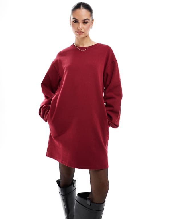 【送料無料】 エイソス レディース ワンピース トップス ASOS DESIGN high neck cocoon sleeve mini sweatshirt dress in burgundy Burgundy