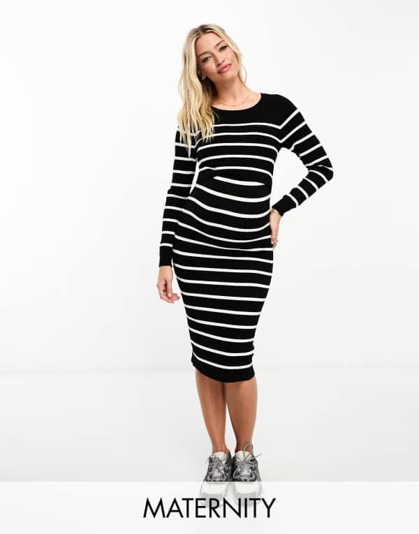 【送料無料】 ママライシアス レディース ワンピース トップス Mamalicious Maternity double layer midi dress in black and white stripe Stripes