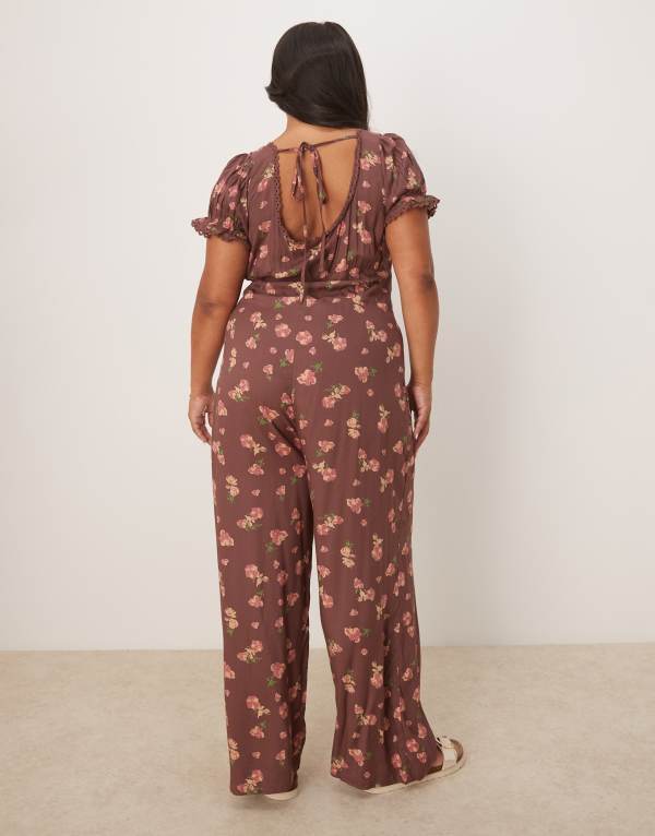【送料無料】 エイソス レディース ジャンプスーツ トップス ASOS DESIGN Curve spun lace trim corset waist jumpsuit in mauve floral print Mauve floral print