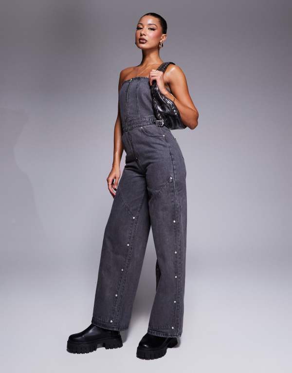 【送料無料】 リキュールアンドポーカー レディース ジャンプスーツ トップス Liquor N Poker bandeau utility jumpsuit with carpenter detail in black wash Black