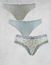 【送料無料】 エイソス レディース ブリーフパンツ アンダーウェア ASOS DESIGN 3 pack thongs in ditsy print gray & blue pointelle Multi(4)