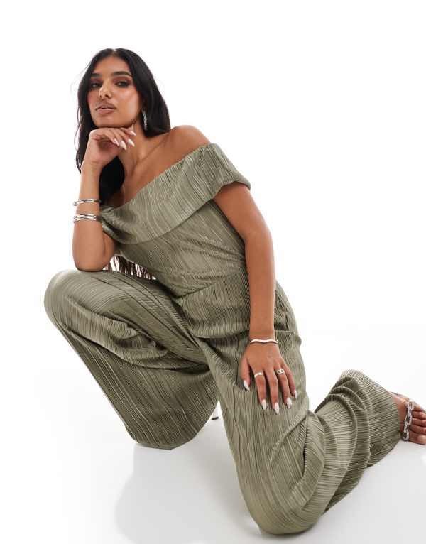【送料無料】 エイソス レディース ジャンプスーツ トップス ASOS DESIGN plisse bardot wide leg jumpsuit in khaki Khaki