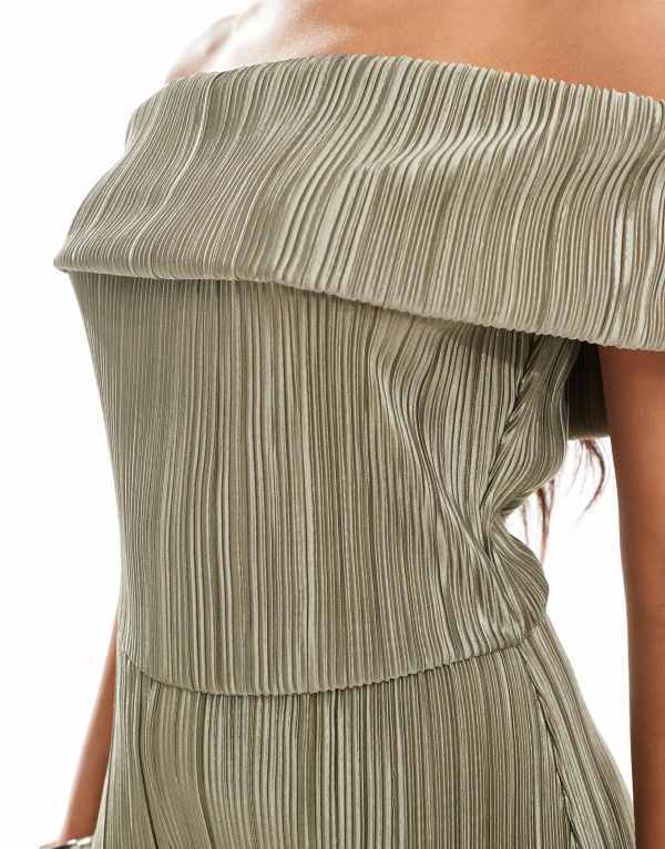 【送料無料】 エイソス レディース ジャンプスーツ トップス ASOS DESIGN plisse bardot wide leg jumpsuit in khaki Khaki