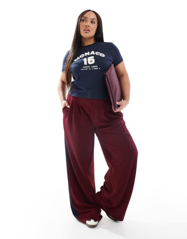 【送料無料】 エイソス レディース カジュアルパンツ ボトムス ASOS DESIGN Curve wide leg pants with contrast panel in burgundy Burgundy