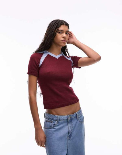 【送料無料】 トップショップ レディース シャツ トップス Topshop knit soccer polo in burgundy and blue Multi 【送料無料】 トップショップ レディース シャツ トップス Topshop knit soccer polo in burgundy and blue Multi
