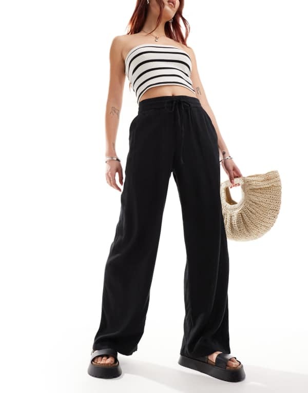ノイジーメイ レディース ボトムス カジュアルパンツ パンツ リネン Noisy May loose fit linen mix pants Black ブラック
