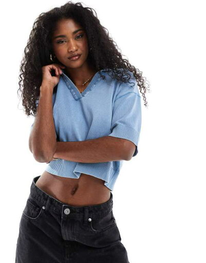 【送料無料】 エイソス レディース ポロシャツ トップス ASOS DESIGN acid wash knit polo top with collar detail in blue Blue 【送料無料】 エイソス レディース ポロシャツ トップス ASOS DESIGN acid wash knit polo top with collar detail in blue Blue