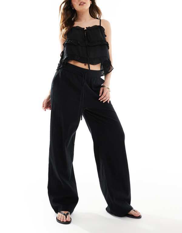 ̵ ꡼ ǥ 奢ѥ ܥȥॹ ONLY wide leg linen look pants in blac...