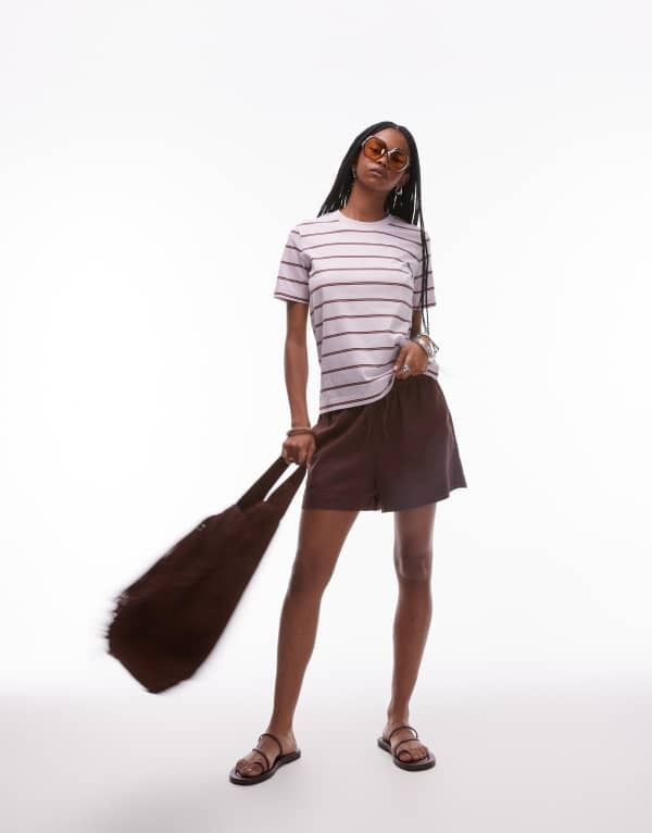 トップショップ レディース ボトムス ハーフパンツ・ショーツ ショートパンツ リネン Topshop high rise drawcord linen shorts in chocolate chocolate チョコレート