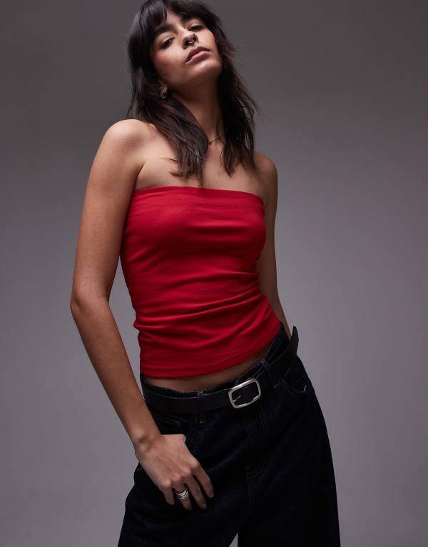 【送料無料】 トップショップ レディース ベスト トップス Topshop longline bandeau in cherry red RED