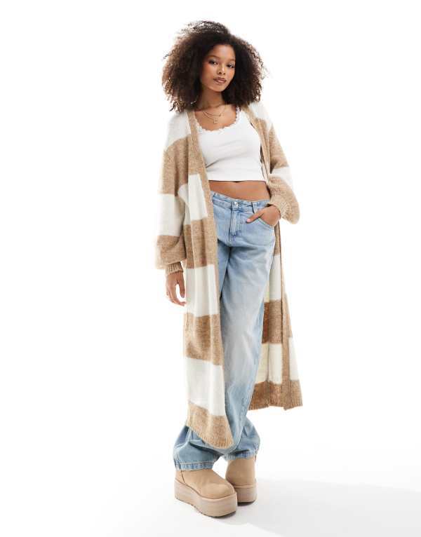 【送料無料】 ミスセルフフリッジ レディース カーディガン アウター Miss Selfridge maxi cardigan in neutral stripe Neutral Stripe