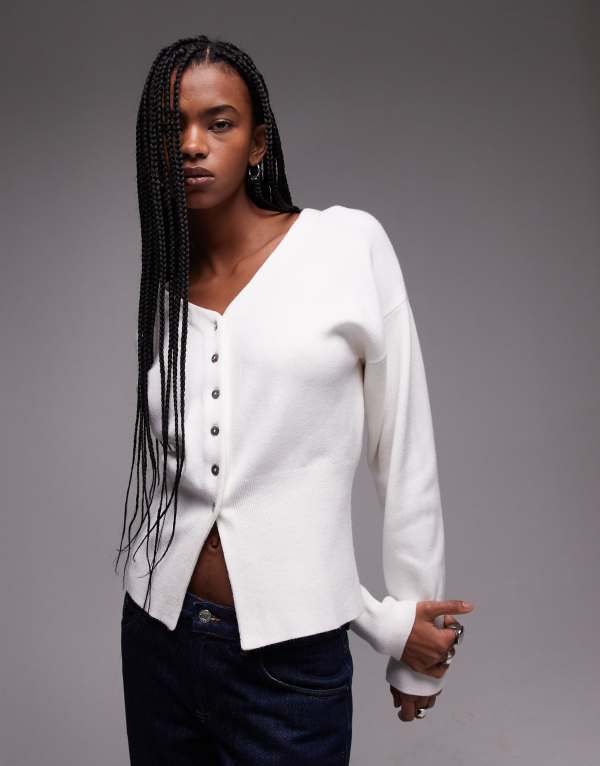 【送料無料】 トップショップ レディース カーディガン アウター Topshop knitted v-neck compact fitted waist longline cardi in ivory IVORY